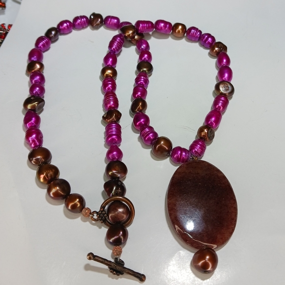 Tahitian Baroque Freshwater Purple Color Pearl 23" Necklace Oval Stone Pendant - Picture 11 of 13